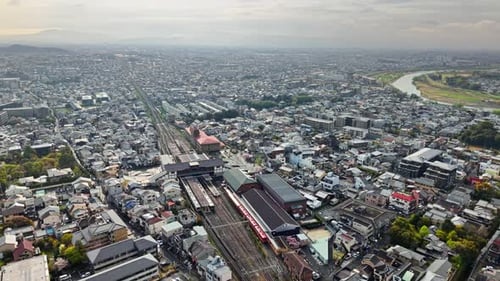 Aerial drone view of the Arashiyama district in Kyoto Japan in daylight