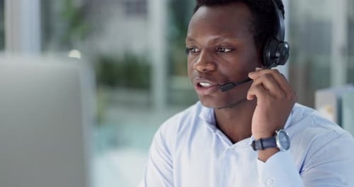 Black man, call center and consulting on computer in telemarketing, customer service