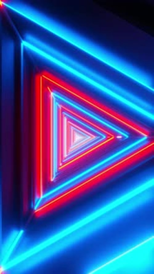 Vertical Loop VJ animation background. Triangular neon tunnel with blue and orange lights. Dj visual