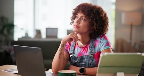 Thinking, woman and ideas with laptop at house for planning, choice and solution as graphic