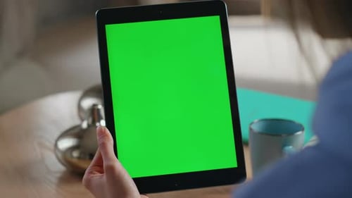 Woman Working Chromakey Tablet at Modern Office Workplace Closeup Unknown Hands