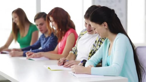 Education, Friendship and School Concept - Five Smiling Students Writing in Textbooks