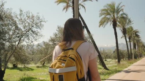 A young and solitary female traveler walking along a long road between palm trees on a sunny day.