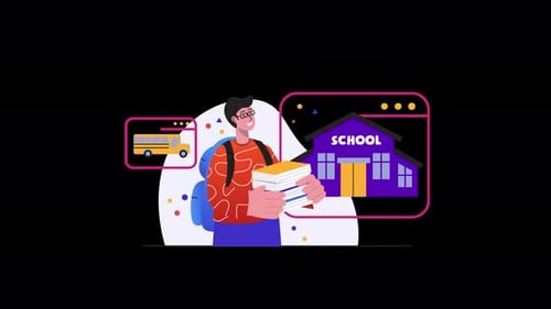 Student carrying books in front of a school, Asian boy