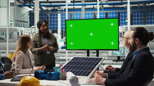 Management Executives Look at Factory Automation Strategies on Mockup Monitor