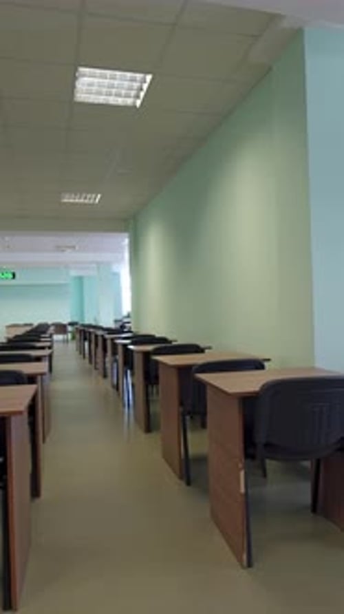 Empty interior of classroom. Front view of modern classroom interior. Vertical video