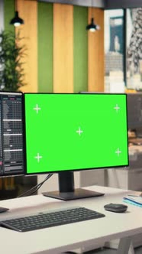 Vertical Video Stock Market Metrics Visualization Displayed on Green Screen PC