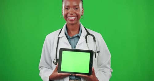 Doctor, green screen mockup or black woman with tablet for marketing, advertising