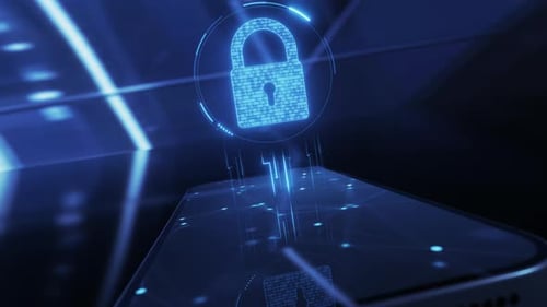 Icono de bloqueo de ciberseguridad, holograma y concepto de protección de datos y privacidad de teléfonos inteligentes o antivirus