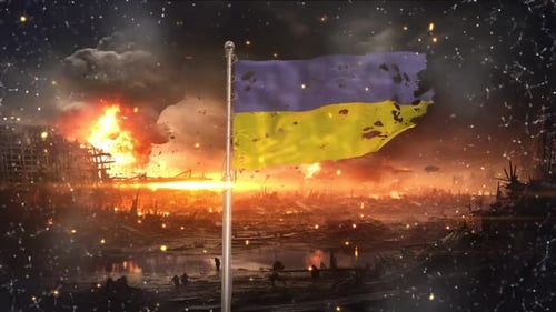 Ukrainian flag waving in war torn and damaged