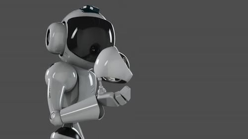 the robot studies the object levitating in his hand