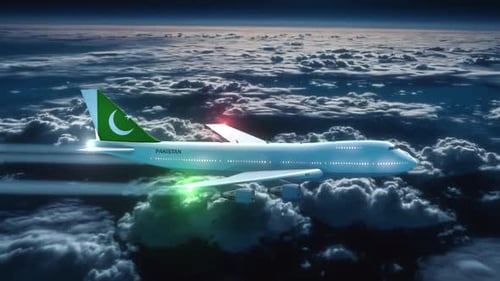Commercial Airliner Passanger Plane Jumbo Jet Flying At Night Over Clouds With Country Flag Pakistan