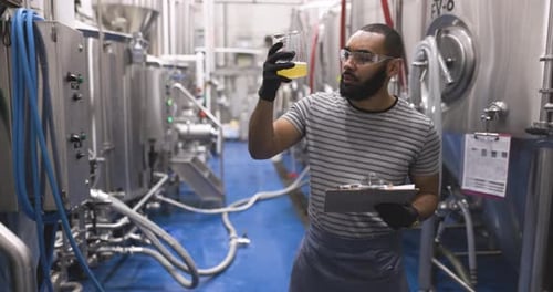 Männlicher Brauer inspiziert Bier an Gärtanks in einer Brauerei 25-29 Jahre