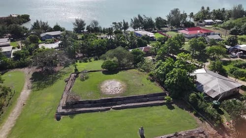 Heritage site in Tonga. Drone pull out from terrace tombs. Tourist attraction, Pacific Islands.