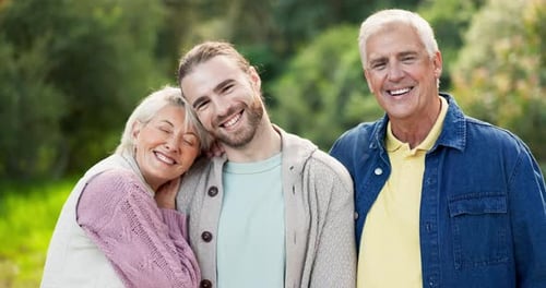 Face, outdoor and senior parents with son, having fun and bonding together