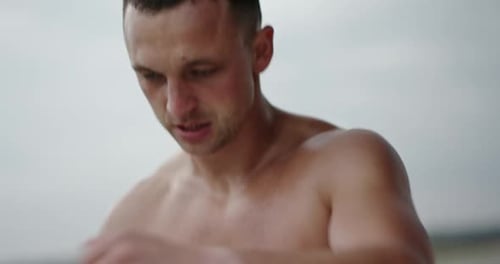 Sweaty Muscular Man Exercising Shirtless Close Up