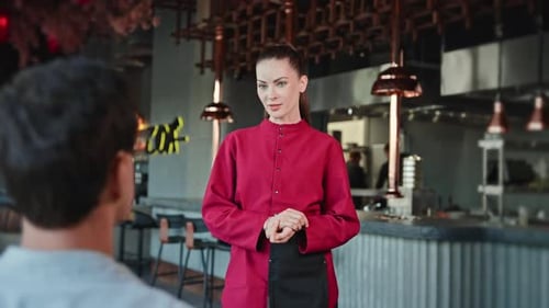 Modern Restaurant Interior Attractive Waitress Assisting Male Guest Quality Service Experience