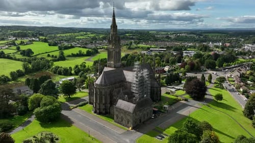 St. Cathedral, County Monaghan, Ireland, September 2022. Drone orbits clockwise around the restorati