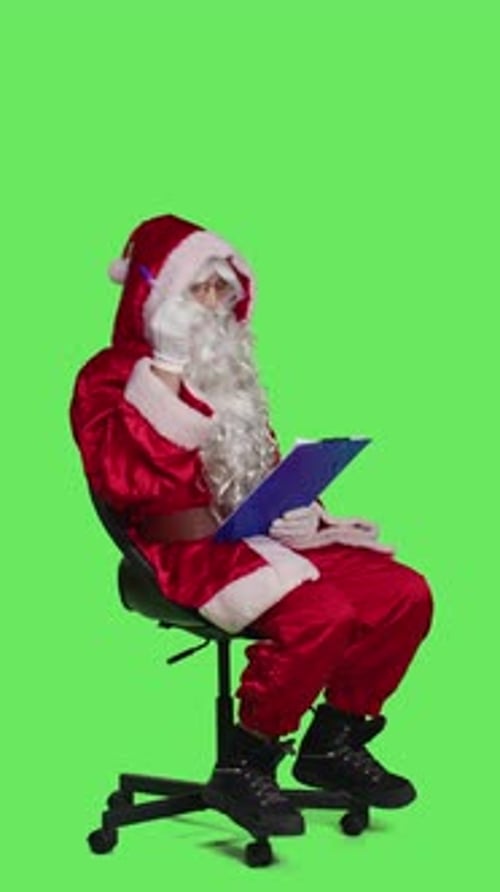 Vertical Video Side View of Winter Character Taking Notes on Papers