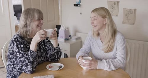 Two Women Chatting and Drinking Tea at Home