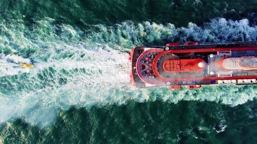 Luxury Cruise Liner Left Miami Harbor and Goes to the Horizon Above Aerial View of Luxury Cruise in