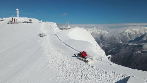 Snowcat Clearing Snow Preparing Ski Resorts Snowcat Vital Tool in Northern Wilderness Snowcat