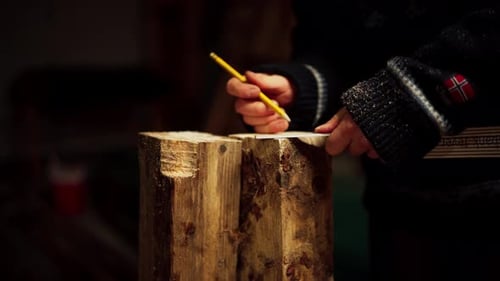 A Man is Utilizing a Folding Yardstick to Gauge and Indicate the Wood - Close Up