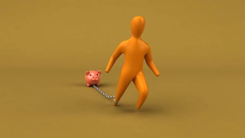 Orange 3D Character Dragging Piggy Bank Chain Animation