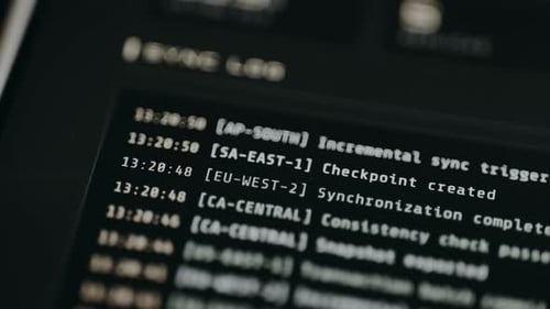 Close-up of Scrolling Digital Server Logs on a Dark Screen