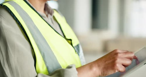 Construction, management and digital tablet by woman manager planning, logging