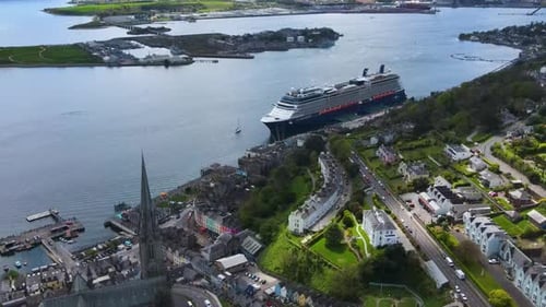 Drone Approaches a Large Cruise Ship in Cobh City Ireland