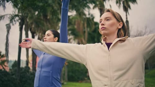 Athletes Pair Practicing Yoga Nature Close Up Tranquil Fit Women Raising Hands