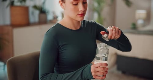 Woman, home and yoga with drinking water for hydration, thirst and health with exercise