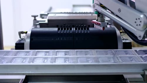 Factory worker setting pharmaceutical equipment on medical production line