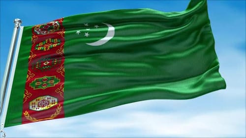 Realistic Turkmenistan Flag Waving Animation Against Blue Sky