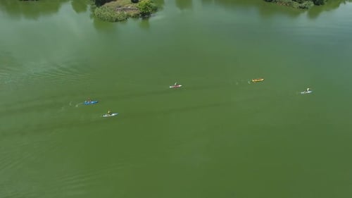 Aerial of Water Fest Racers on Kayaks and SUP Boards on Green River in Summer