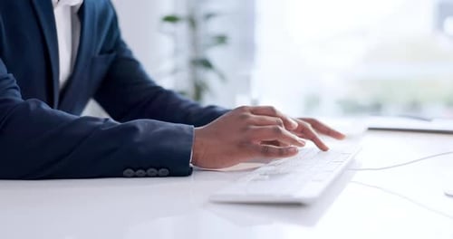Hands, business man and typing on computer for planning research, information and administration