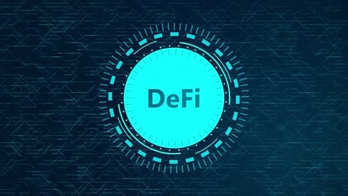 Concept DeFi futuriste avec éléments HUD rotatifs et conception de circuits