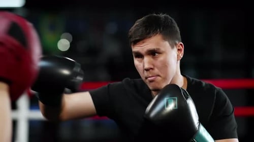 Sparring Boxers in the Ring Slow Motion Amidst the Outdoor Arena a Muscular Man Exudes Raw