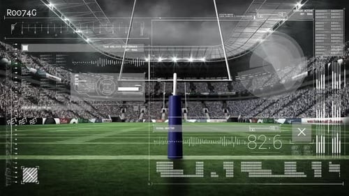 Animation of scopes scanning and data processing over sports stadium