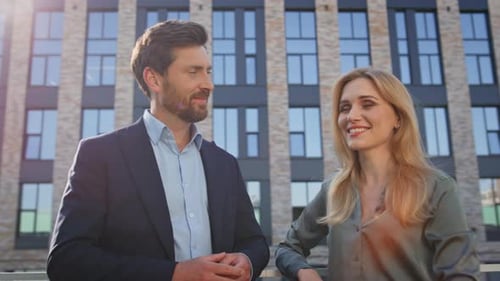 Smiling Business Couple Standing Street Closeup Corporate Romance Relationship