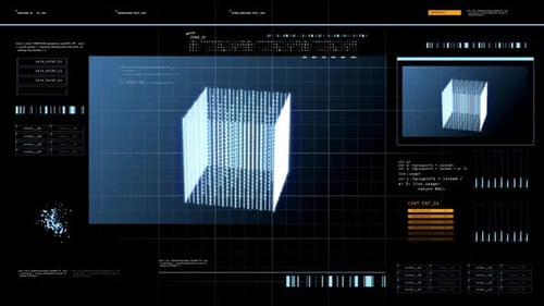 Tecnología y concepto de programación del futuro: pantalla virtual con renderizado 3D de cubos