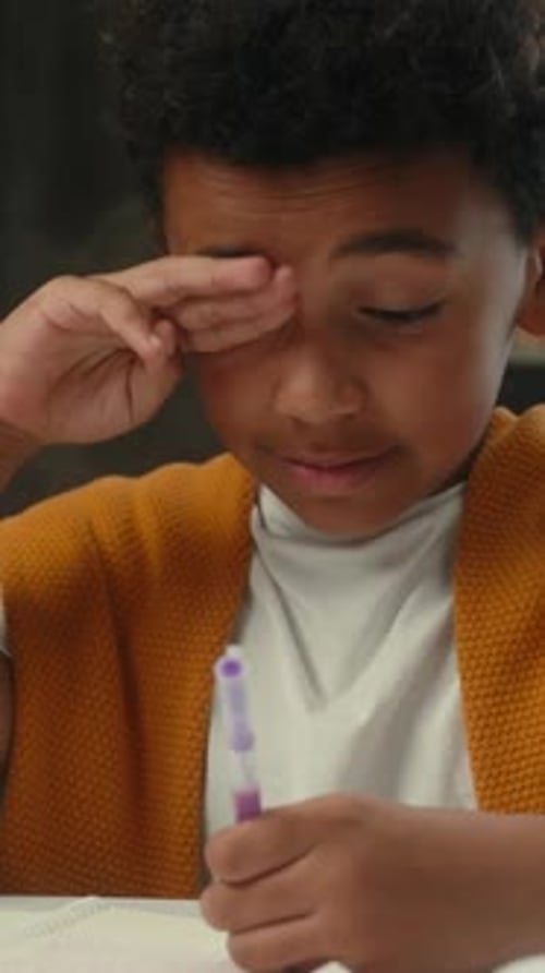 Caucasian African American Boy Child Kid Feeling Tired Writing Homework Study Learn Low Energy