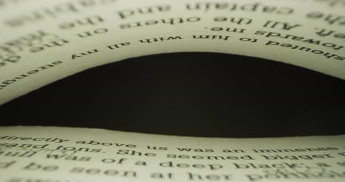 Super close up of a virtual camera view, getting through the pages of an anonymous book. Concept:
