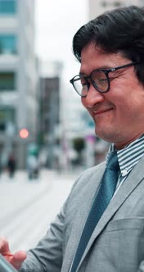 Japanese, businessman and city with tablet for search, travel journey or scroll with app
