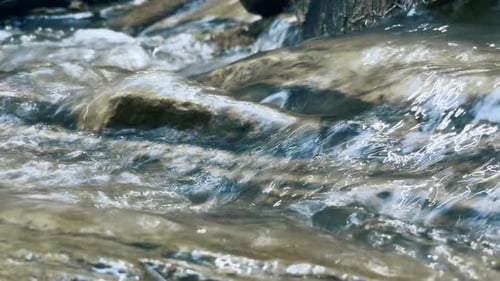 Creek On Stone Landscape. Stream Flowing On Mountain Rocks Macro. Transparent Water Flow On Natur...