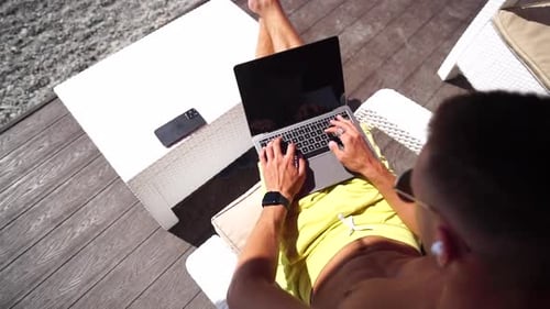 Man Laptop Sea Working Remotely on Seashore Happy Successful Man Male Freelancer Working on Laptop