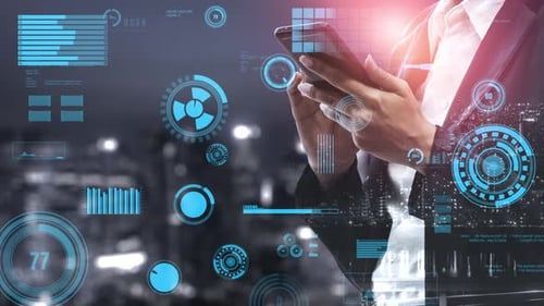 Person Using Phone with Futuristic City Overlay