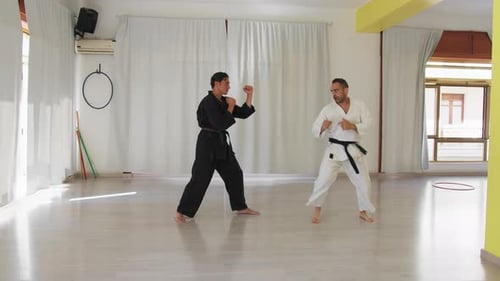 Student And Master Practicing Karate Sports Kicks In The Gym