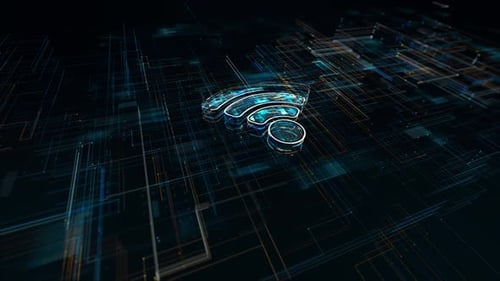 Animated WiFi Symbol Hologram on Digital Grid Background